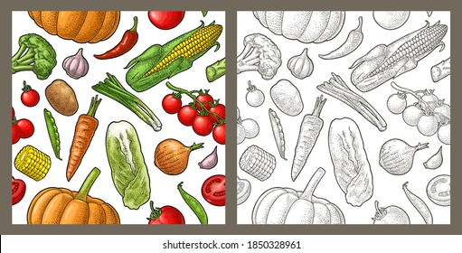 Seamless pattern vegetables. Cucumbers, Garlic, Corn, Pepper, Broccoli, Potato, Carrot, Onion, Eggplant and Tomato isolated on the white. Vector color vintage engraving illustration for poster, menu