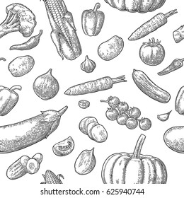 Seamless pattern vegetables. Cucumbers, Garlic, Corn, Pepper, Broccoli, Potato, Carrot, Onion, Eggplant and Tomato isolated on the white. Vector black vintage engraving illustration for poster, menu
