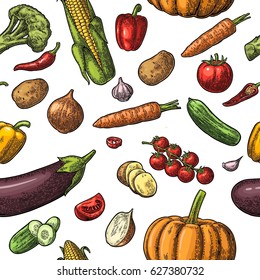Seamless pattern vegetables. Cucumbers, Garlic, Corn, Pepper, Broccoli, Potato, Carrot, Onion, Eggplant and Tomato isolated on the white. Vector color vintage engraving illustration for poster, menu