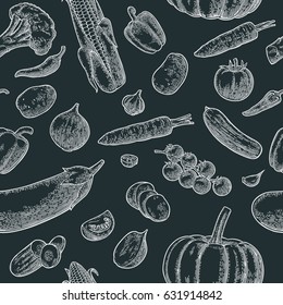 Seamless pattern vegetables. Cucumbers, Garlic, Corn, Pepper, Broccoli, Potato, Carrot, Onion, Eggplant and Tomato isolated on the black. Vector vintage engraving illustration for poster, menu