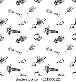 Seamless pattern with vegetables and culinary herbs. Hand dawn style vector illustration.