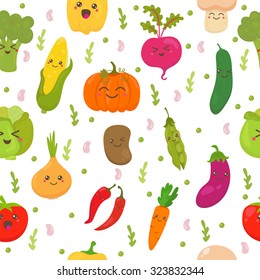Seamless pattern with vegetables. Cute background. Happy vegetables. Vector illustration