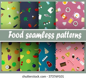 Seamless pattern with vegetables different food, vegetables, sweets. Design element for textiles, packaging material on the subject of cooking, healthy eating. Vector