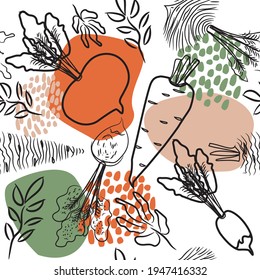 Seamless pattern with vegetables of different varieties. Modern vector abstract background