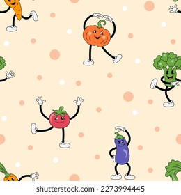 Seamless pattern with vegetables are doing exercise or dancing. Retro cartoon characters design. Vector illustration.