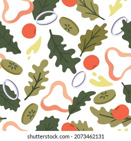 Seamless pattern with vegetables. Doodle illustration with cut salad ingredients, tomatoes, cucumbers, onion, bell pepper and greens. Flat cartoon design