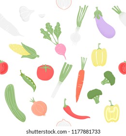 Seamless pattern vegetables doodles hand drawn on white Background.printing wallpaper.vector illustration