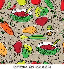 Seamless pattern with vegetables. Doodles vector illustration. Design element for fabric, wallpaper, wrapping paper, menu, farm product promotion, healthy food, culinary.