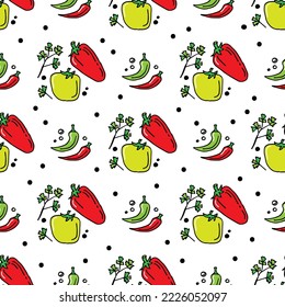 Seamless pattern with vegetables. Doodles vector illustration. Design element for fabric, wallpaper, wrapping paper, menu, farm product promotion, healthy food, culinary.
