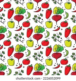 Seamless pattern with vegetables. Doodles vector illustration. Design element for fabric, wallpaper, wrapping paper, menu, farm product promotion, healthy food, culinary.