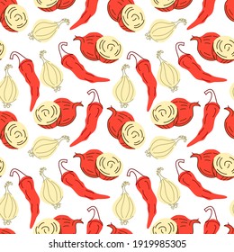 Seamless pattern vegetables with elements of onions and red chilies, Shallot. Vector illustration