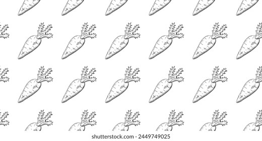 seamless pattern. the pattern. seamless. vegetables. an engraving of vegetables. an engraving. beautiful background for menus and banners. beet. leaves. carrot. natural. black lines. strokes.