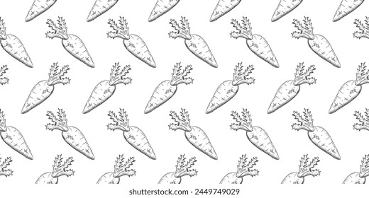 seamless pattern. the pattern. seamless. vegetables. an engraving of vegetables. an engraving. beautiful background for menus and banners. beet. leaves. carrot. natural. black lines. strokes.