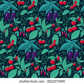 Seamless pattern with vegetables, foliage and doodle decoration. Vector texture with eggplants, cherry tomatoes, chili peppers on dark background. Natural garden wallpaper. Fabrics with flat greens