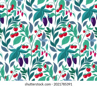 Seamless pattern with vegetables and foliage. Vector texture with eggplants, cherry tomatoes, chili peppers on white background. Natural garden wallpaper. Fabrics with hand drawn flat greens