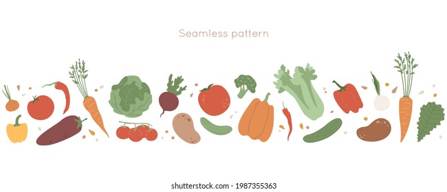 Seamless pattern with vegetables. Fresh food elements border. Gourd, celery, potato, carrot and seeds, chili pepper, tomato, broccoli, onion, salad leaves in frame design. Harvest objects