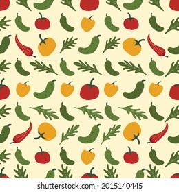 Seamless pattern with vegetables. Fresh organic vegetable in hand drawn style vector. Harvesting season for natural products.Cucumber and tomato, arugula and pepper.Print for fabric, paper or wrapping