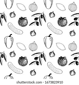 Seamless pattern of vegetables and fruit  garlic,  olive sprig,  tomato, bell pepper, lemon, onion and cucumber, vector illustration, hand drawing