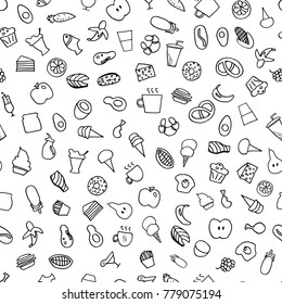 seamless pattern of vegetables and fruit icons for web games. engraved, hand-drawn. illustration outline. drinks and ice cream, coffee and eggs, pastries and fast food.