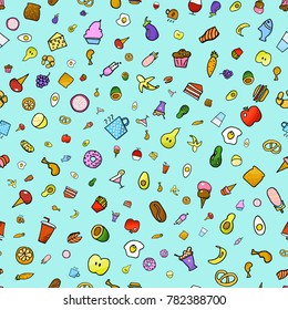 seamless pattern of vegetables and fruit icons for web games. engraved, hand-drawn. illustration outline. drinks and ice cream, coffee and eggs, pastries and fast food.