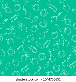 Seamless pattern from vegetables and fruits. Apple, pepper, onions, carrots, beets, eggplant. Vector illustration
