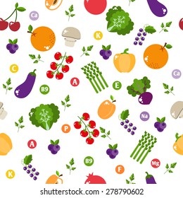 Seamless pattern with vegetables and fruits. Bright design into flat style with vitamins and minerals. Fresh organic food for a healthy lifestyle. vector