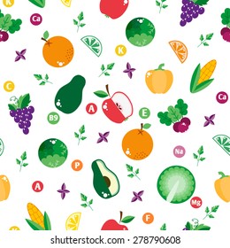 Seamless pattern with vegetables and fruits. Bright design into flat style with vitamins and minerals. Fresh organic food for a healthy lifestyle. vector