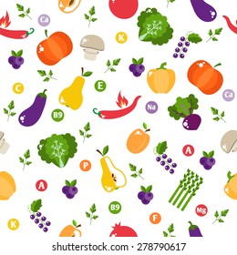 Seamless pattern with vegetables and fruits. Bright design into flat style with vitamins and minerals. Fresh organic food for a healthy lifestyle. vector