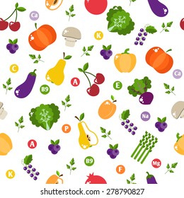 Seamless pattern with vegetables and fruits. Bright design into flat style with vitamins and minerals. Fresh organic food for a healthy lifestyle. vector