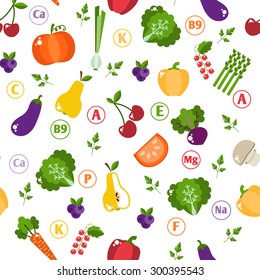 Seamless pattern with vegetables and fruits. Bright design into flat style with vitamins and minerals. Fresh organic food for a healthy lifestyle. vector