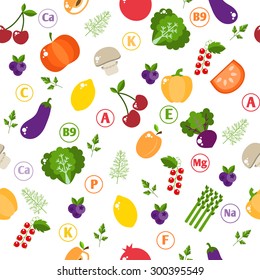 Seamless pattern with vegetables and fruits. Bright design into flat style with vitamins and minerals. Fresh organic food for a healthy lifestyle. vector
