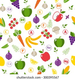 Seamless pattern with vegetables and fruits. Bright design into flat style with vitamins and minerals. Fresh organic food for a healthy lifestyle. vector