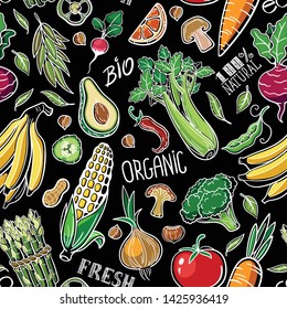 seamless Pattern of vegetables fruits cereals mushrooms vegan food