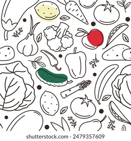 seamless pattern with vegetables and fruits doodle style