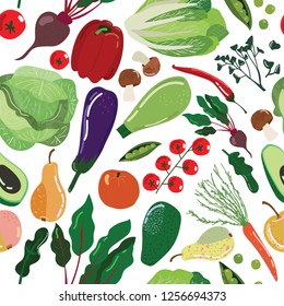 SEamless pattern with vegetables and fruits, and drawn style with texture, healthy food background