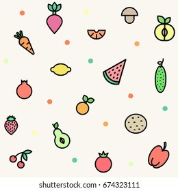 Seamless pattern with vegetables and fruits in filled outline style. Vector vegetarian background with apple, mandarin, cherry, carrot for print, website, restaurant, grocery store, supermarket.