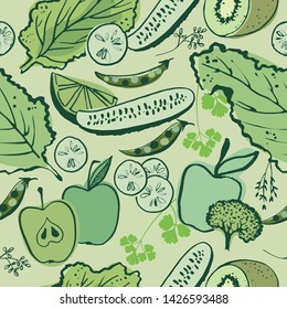 Seamless pattern with vegetables, fruits and greens. 