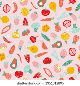 Seamless pattern with vegetables and fruits in hand drawn flat style on a pink background. Healthy nutrition texture. Vector illustration.