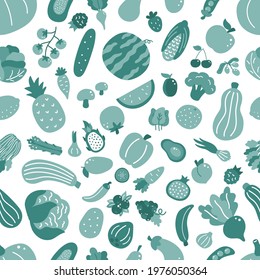 Seamless pattern with vegetables and fruits. Hand drawn doodle organic food on white background. Green monochrome vector illustration. Healthy food.