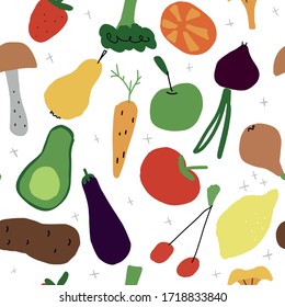 Seamless pattern of vegetables and fruits. Healthy vegetarian food Apple, pear, cherry, carrot, orange, lemon, mushrooms, avocado, broccoli, beets, onions, potatoes. Suitable for textiles, Wallpaper