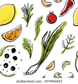 Seamless pattern with vegetables, fruits, herbs and berries in sketchy style isolated on white background. Doodle hand drawn vector illustration