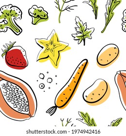 Seamless pattern with vegetables, fruits, herbs and berries in sketchy style isolated on white background. Doodle hand drawn vector illustration