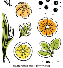 Seamless pattern with vegetables, fruits, herbs and berries in sketchy style isolated on white background. Doodle hand drawn vector illustration