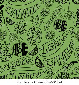 Seamless pattern with vegetables and fruits with inscriptions made by hand