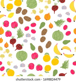 Seamless pattern with vegetables and fruits. Isolated on white background. Colorful vegetarian food. Cabbage, beet, potato, onion, avocado, banana, orange, lemon,apple. Hand drawn vector illustration.