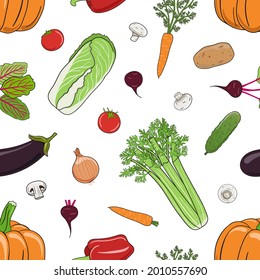 Patrón sin foco de verduras y frutas. Mercado orgánico e impresión de alimentos saludables. Concepto de productos frescos de granja. Ilustración vectorial dibujada a mano.
