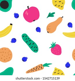 Seamless pattern with vegetables and fruits for smoothie. Healthy food concept. Hand drawn vector illustration