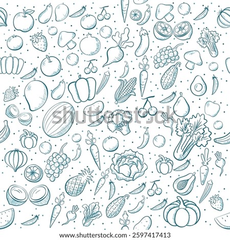 Seamless Pattern of Vegetables and fruits,Cute and Simple, Blue Color based Design and Vegetables