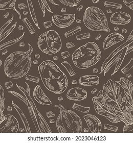 Seamless pattern with vegetables: full onion and onion slices, potatoes, french green beans and full beetroot and piece of beet. Vector hand drawn illustration.