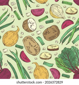 Seamless pattern with vegetables: full onion and onion slices, potatoes, french green beans and full beetroot and piece of beet. Vector hand drawn illustration.